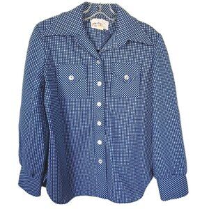 Vintage 60s Pins & Needles Blue White Gingham Polka Dot Button Up Shirt Blouse M